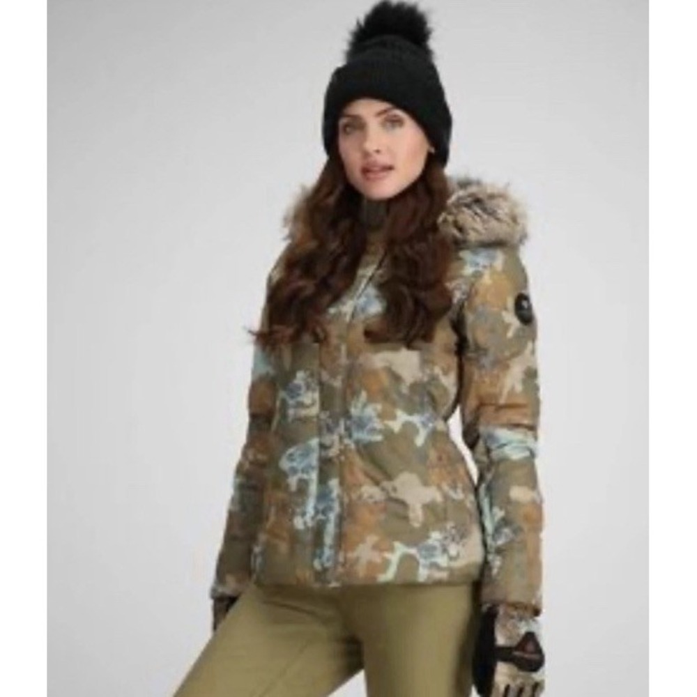 NWT Obermeyer Tuscany II Jacket Sz 6 Brown Vintage Camo Ski Snowboard Faux Fur